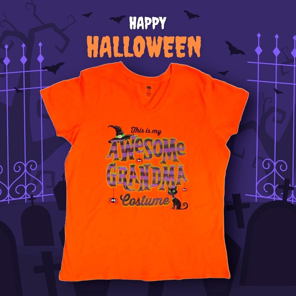 “This is My AWESOME GRANDMA Costume” ORANGE Glittery Halloween Tee Women’s Small
